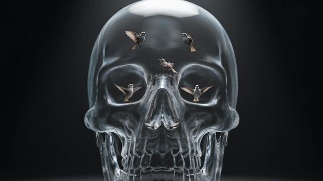 Three glass skulls with butterflies on a dark background