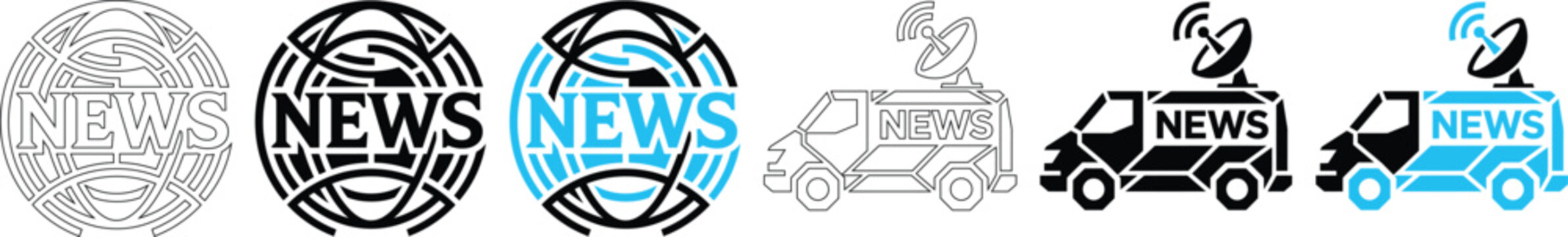 News Broadcasting Vector Icon Set with Global Network Globe and Satellite Television Van