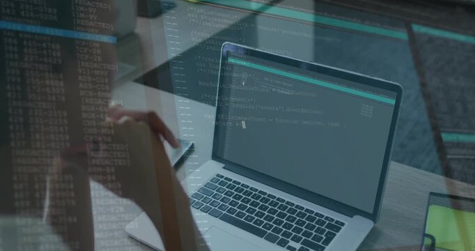 Vertical video: Leaning woman viewing laptop at desk as app loading filling code, checking notes