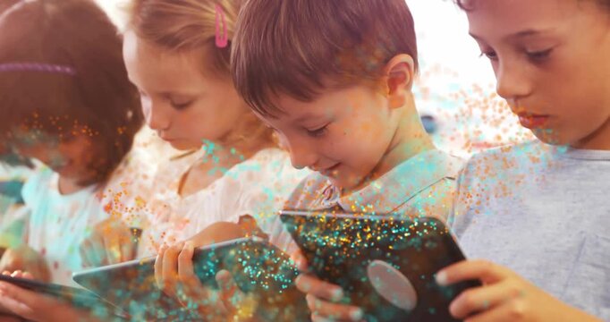 Four kids tapping tablets, particles appearing, swirling away, revealing boy smiling in lesson