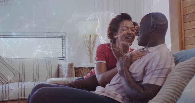 Woman leaning forward starting chest touch, sharing playful warmth, map overlay fading and settling