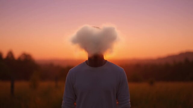 Triptych of man with cloud for head at sunset in field