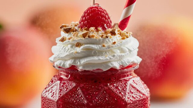 Delicious dessert with vibrant raspberry topping. Sweet indulgence in glass jar captures refreshing atmosphere. Perfect for summer parties and festive occasions.
