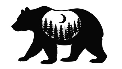 bear silhouette with forest trees and crescent moon double exposure style isolated design ideal for wildlife nature tattoo logo and outdoor themed graphic projects © Arun