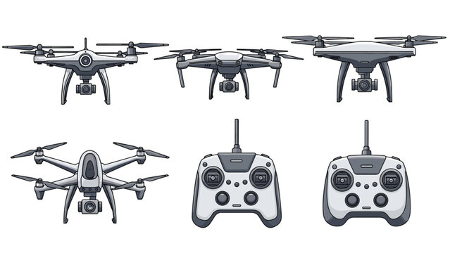 Collection of modern quadcopter drones and remote control units illustrated in a flat style for technology and aerial photography concepts.