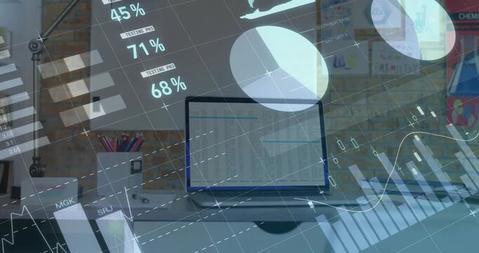 Laptop anchored on desk showing incoming data, overlaying animated charts and gauges for business