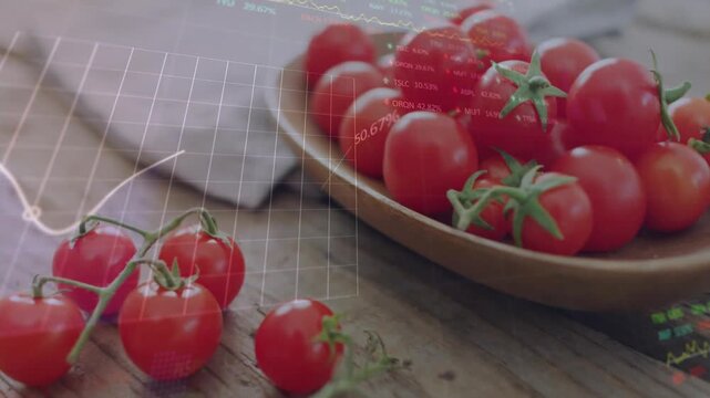 Vine cherry tomatoes sitting on wood table, cut starting overlay tracing graph nodes for analytics