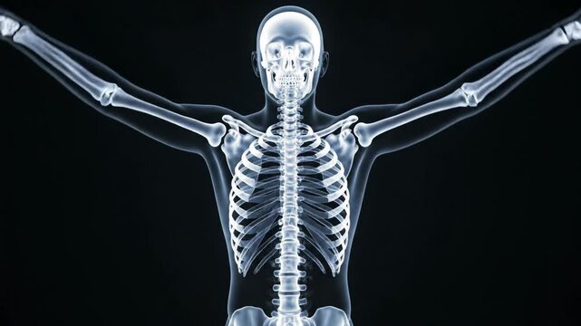 X-ray of a human skeleton with arms outstretched, front view on a dark background, anatomical study