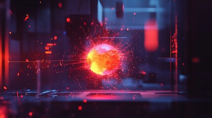 Fototapeta premium A vibrant red and orange explosion occurs in a dark laboratory setting with glowing red particles