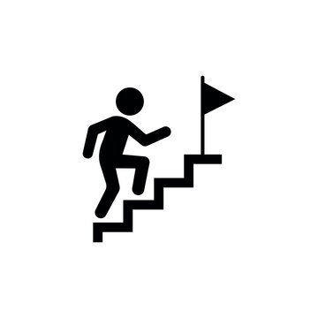 Black stick figure climbing stairs to flag person