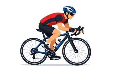 Fototapeta premium Professional male cyclist in sportswear riding a road bike at speed, side view, training outdoors for competition and fitness, showcasing endurance, healthy active lifestyle