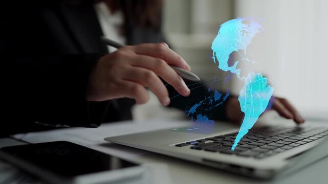 Global network connection visualization showing data exchange, digital link, worldwide communication. Global data flow and digital network infrastructure connecting regions around the world. Thunk