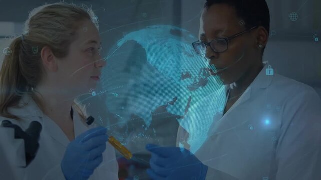 Two researchers exchanging test tube after globe overlay appearing, inspecting sample for research