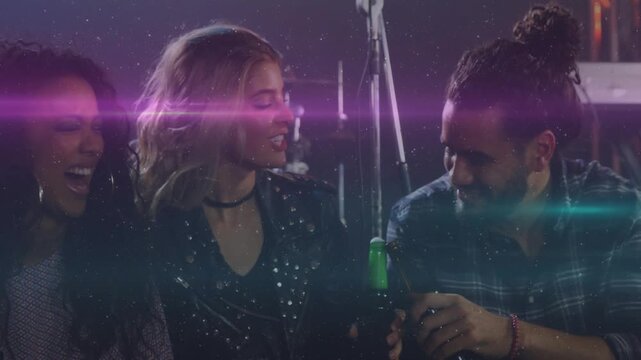 center woman offering green bottle, man reaching and showing, friends laughing set pink teal flares