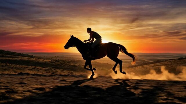 Silhouette horse rider sunset beach gallop dramatic sunset horse rider silhouette galloping across