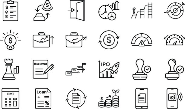 Collection of black thin line icons representing investment documents growth charts and banking processes.