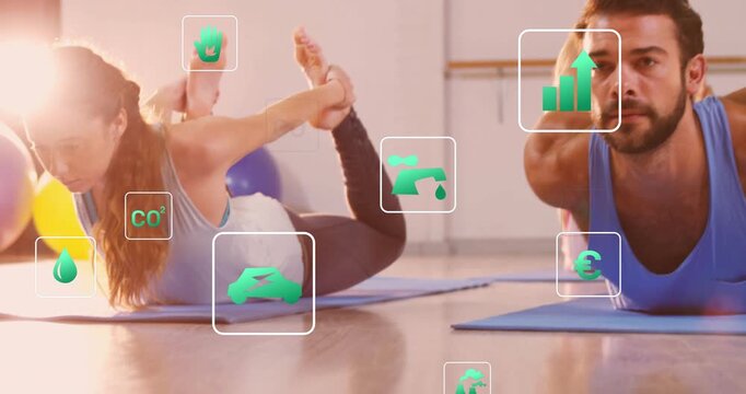 Camera rising revealing yoga trio holding bow pose for class, graphs and CO2 icons overlapping