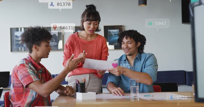 Woman showing documents, marketing team reviewing papers for campaign as social stats floating