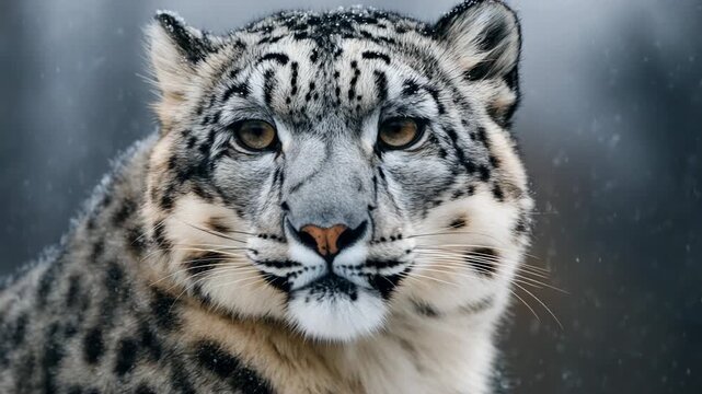 Majestic snow leopard turning its head to look at the camera during a gentle winter snowfall