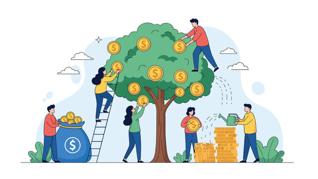 Concept illustration of people working together to harvest and water a money tree filled with gold coins for long-term financial growth.