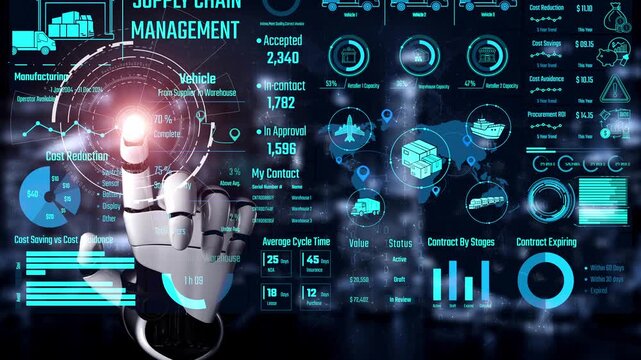 AI controls supply chain systems with virtual assistant monitoring, route optimization, and artificial intelligence for procurement, delivery, and warehouse tracking. Thunk