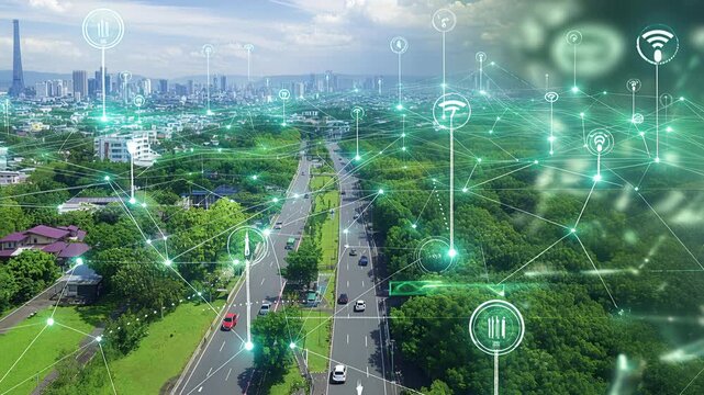 Futuristic cityscape overlaid with glowing green digital connections, smart infrastructure, IoT network, urban tech, digital transformation, connected ecosystem.