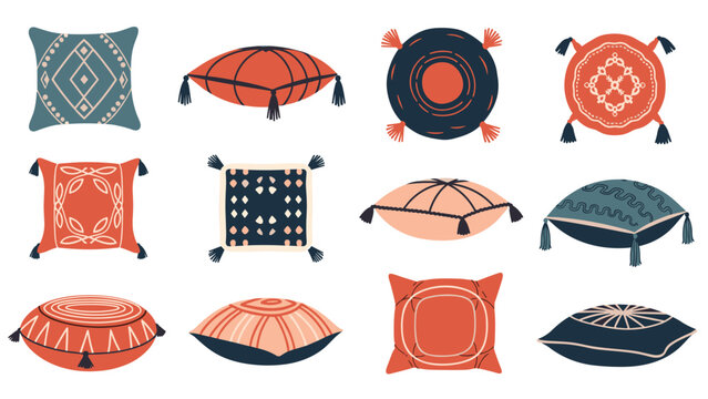 Set of colorful decorative pillows and cushions in various shapes like square, round, and bolster with bohemian and ethnic patterns.