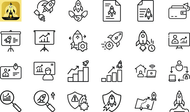 Golden startup rocket icon, business launch and innovation concept. successful project development symbol illustration.