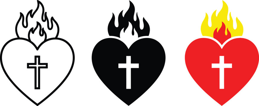 Sacred heart symbols with crosses and flames