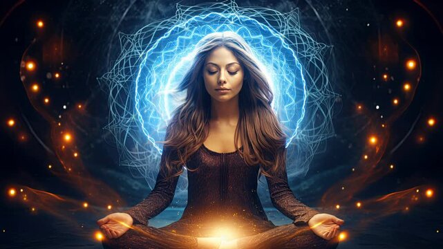 Woman in lotus pose activating glowing energy field, spiritual awakening, chakra alignment, mystical aura, meditation practice, cosmic energy, inner power.