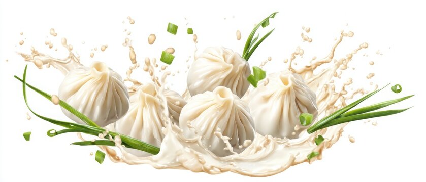 Georgian khinkali. Steamed dumplings with creamy sauce splash and green onion, Asian cuisine concept, soft dough dumplings isolated on white background, modern food photography  menu design
