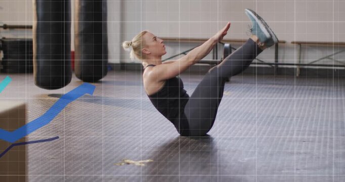 Woman doing curl-to-V core reps for core strength, raising arms and engaging abs with color overlay