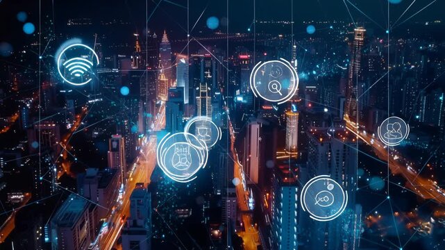 Futuristic city at night with glowing digital, data network visualization, smart city tech, urban connectivity, cybernetic overlay.