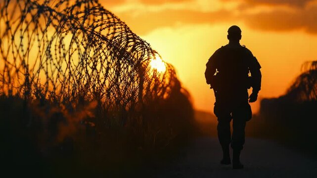 Silhouette of a soldier walking along a barbed wire fence during a beautiful orange sunset