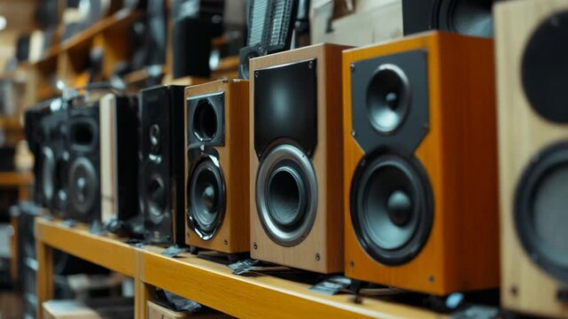 Large selection of various modern audio speakers standing on a wooden shelf in an electronics store