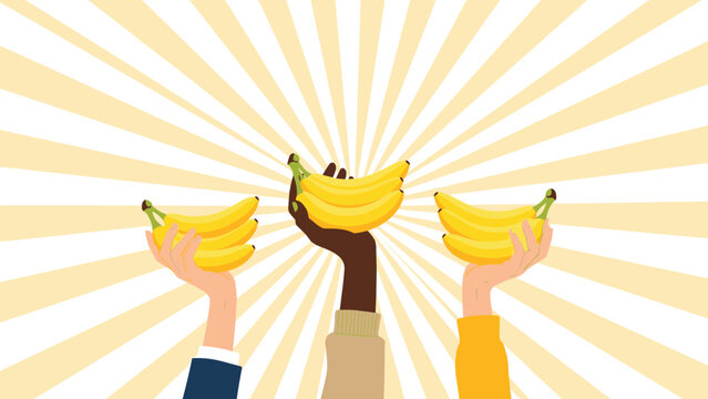 Three hands with diverse skin tones hold bunches of ripe yellow bananas against a bright yellow and white sunburst radial background.
