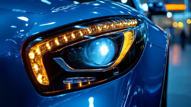 Close-up view of a luxury blue car's headlight with a blinking yellow led turn signal indicator