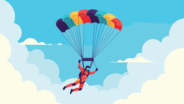 Skydiver glides through a bright blue sky filled with fluffy white clouds using a large colorful parachute in an extreme sport scene.
