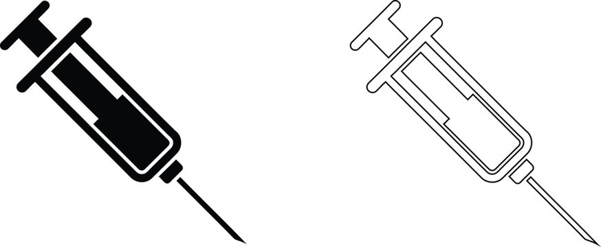 Medical syringe vector icons set, black solid and outline hypodermic needle symbols, vaccination and injection equipment for healthcare design