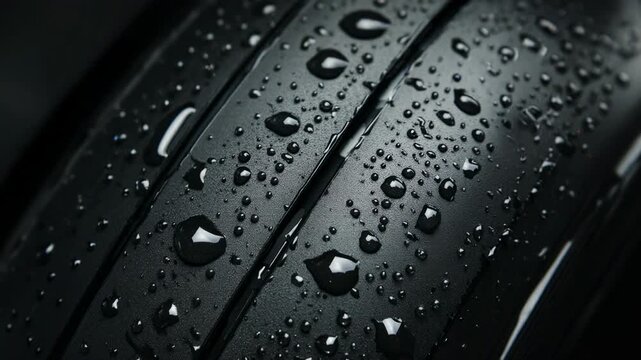 Close-up of a new wet car tire tread with water drops on its surface, ready for rainy conditions