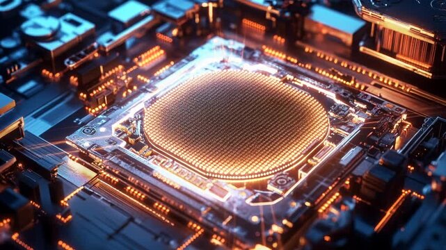 Microprocessor core powering up with radiant energy, chip, central processing unit, computer hardware, motherboard component, digital circuitry, tech infrastructure.