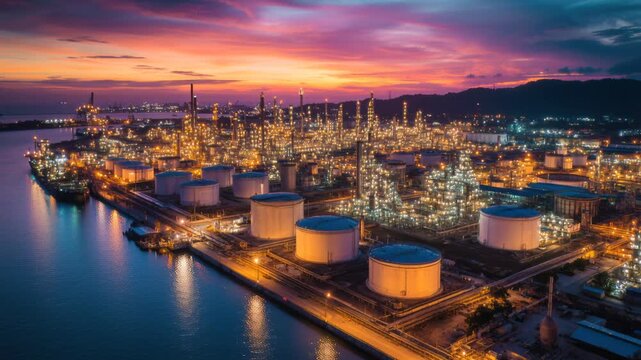 Oil refinery glowing at dusk, petrochemical plant, chemical processing facility, industrial infrastructure, sunset industrial scene.