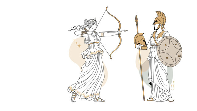Illustration of ancient Greek goddesses Artemis with her bow and Athena with her spear and shield in a classical artistic style.