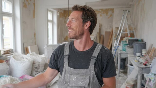 Construction worker in overalls smiles, turns head right, then left, in dusty renovation space. Handyman, builder, tradesperson, DIY enthusiast, home improvement.