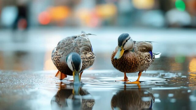Two mallard ducks drinking from a puddle on a wet city street with beautiful reflections