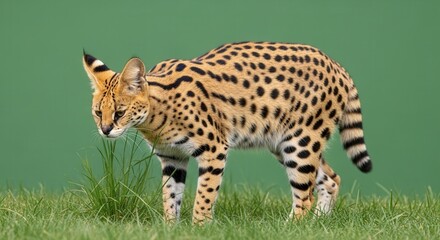 Fototapeta premium Rare and Beautiful Savannah Cat Walking on Green Grass in Natural Setting