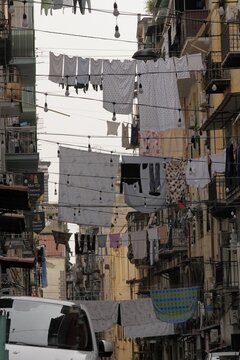Traditional laundry hangs out in the narrow streets of Naples. The Spagnoli Quartieri and Spaccanapoli neighborhoods in Naples, Italy, March 6, 2026.