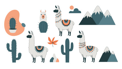 Fototapeta premium Charming set of llama and cactus illustrations includes cute animals, desert plants, snow capped mountains, and decorative sun and clouds.