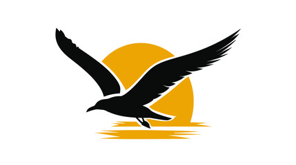 Obraz premium Flying bird silhouette with sun at sunrise or sunset, vector graphic design element for nature, freedom, travel concepts