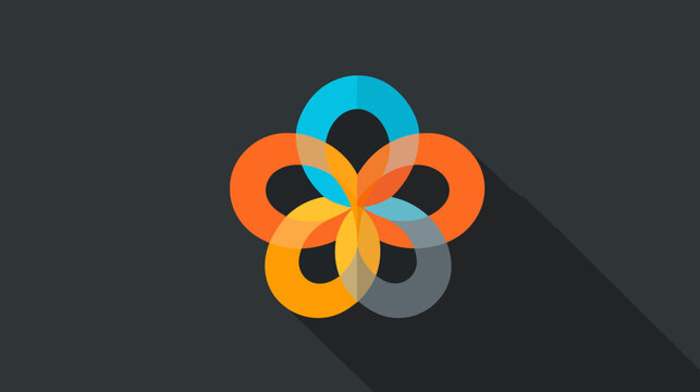 Vibrant abstract geometric flower logo design. Colorful overlapping oval shapes in flat style with long shadow on a dark background.
